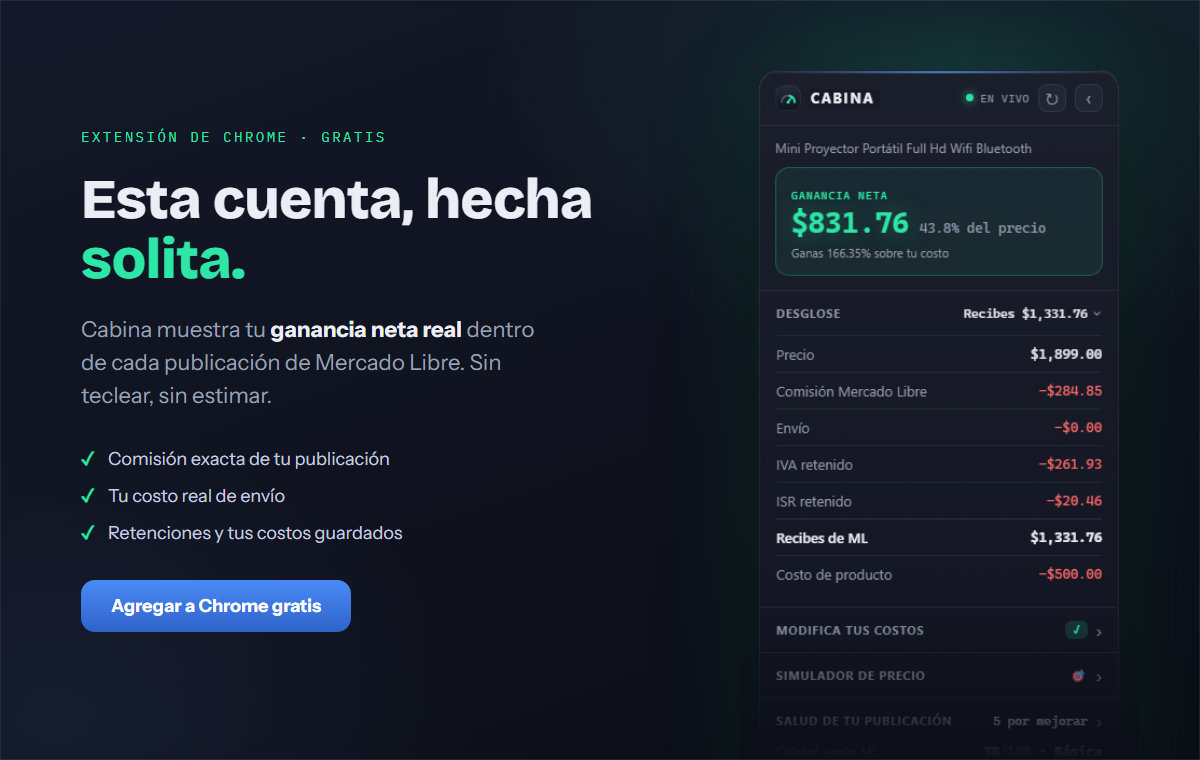 La extensión Cabina mostrando la ganancia neta real de una publicación de Mercado Libre dentro de la página